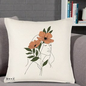 Perna Decorativa Portret Feminin Doua Maci Terracotta, 40x40 cm, Crem Reliefat, Husa Detasabila, Perna Inclusa, BEKZ®