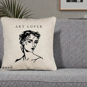 Perna Decorativa Art Lover Portret Grafic, 40x40 cm, Bej Canapea, Husa Detasabila, Perna Inclusa, BEKZ®