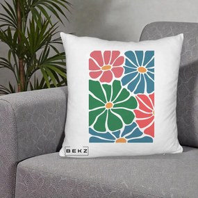 Perna Decorativa Flori Grafice Verde-Roz-Albastru, 40x40 cm, Alb Pufos, Husa Detasabila, Perna Inclusa, BEKZ®
