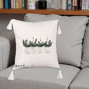 Perna Decorativa Lumanari in Borcane cu Eucalipt, 40x40 cm, Bej cu Franjuri, Husa Detasabila, Perna Inclusa, BEKZ®