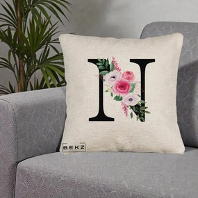 Cadou Personalizat - Perna Personalizata Monograma Florala Litera N, 40x40 cm, Bej Canapea, Husa Detasabila, Perna Inclusa, BEKZ®