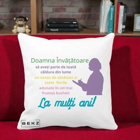 Cadou pentru Invatatoare - Perna Personalizata Doamna Invatatore La Multi Ani cu Silueta si Text Colorat, 40x40 cm, Alba Mata, Husa Detasabila, Perna Inclusa, BEKZ®
