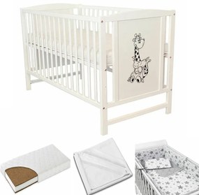 Patut din lemn masiv 120x60 cm Bria alb, include saltea cocos LUX 9 cm, protectie impermeabila si set lenjerie matlasata 5 piese Kidizi