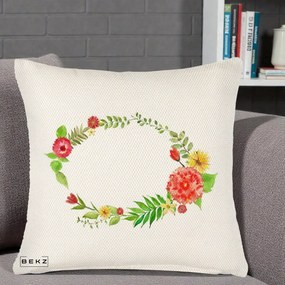 Perna Decorativa Coroana Florala Acuarela, 40x40 cm, Crem Reliefat, Husa Detasabila, Perna Inclusa, BEKZ®