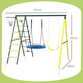Outsunny Leagăn pentru copii 4 în 1 cu Leagăn tip Cuib și individual Plasă de cățărat Coș de baschet Scară Galben | Aosom Romania