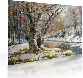 Tablou pe sticlă cu peisaj de iarnă pictat (70x50 cm)