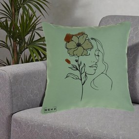Perna Decorativa Portret Feminin Floare Bej Terracotta, 40x40 cm, Verde, Husa Detasabila, Perna Inclusa, BEKZ®