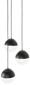 Lampă suspendată retro neagră cu sticlă transparentă rotundă cu 3 lumini - Eclipse