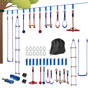 AIYAPLAY Parcurs de obstacole ninja pentru copii 10 accesorii 10 m, slackline și geantă de transport, albastru | Aosom Romania