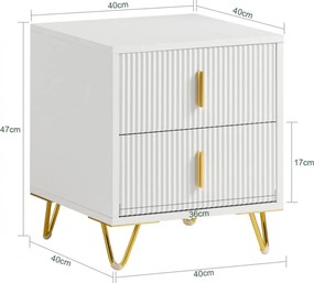 NOA29 - Set 2x Noptiere albe 40x40x47 cm, riflaje, cu sau fara Priza, cu 2 sertare, dormitor - Alb-Auriu