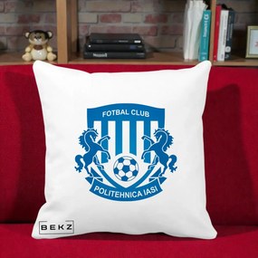 Perna Personalizata FC Politehnica Iasi Fotbal, 40x40 cm, Alba Mata, Husa Detasabila, Perna Inclusa, BEKZ®