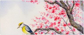 Tablou - Pasăre pe un copac cu flori roșii (120x50 cm)