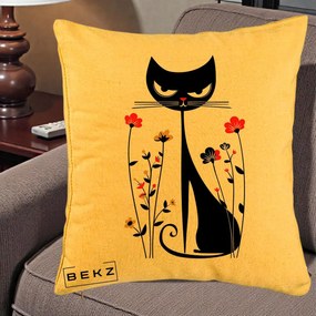 Perna Decorativa Pisica Neagra Grafica Flori Rosii, 40x40 cm, Galben, Husa Detasabila, Perna Inclusa, BEKZ®