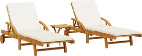 vidaXL Șezlonguri, 2 buc., cu masă, alb, lemn masiv de acacia