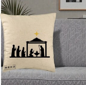 Perna Decorativa Nasterea Pruncului Silueta Neagra si Stea Aurie, 40x40 cm, Bej, Husa Detasabila, Perna Inclusa, BEKZ®