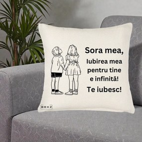 Cadou pentru Sora - Perna Personalizata Sora Mea Te Iubesc Copii Tinand Maini Line Art, 40x40 cm, Crem Reliefat, Husa Detasabila, Perna Inclusa, BEKZ®
