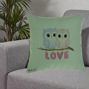 Perna Decorativa Love Bufnite Indragostite pe Crenguta Roz si Mov, 40x40 cm, Verde, Husa Detasabila, Perna Inclusa, BEKZ®