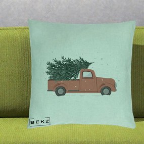 Perna Decorativa Camioneta Terracotta Brad de Craciun, 40x40 cm, Verde Menta, Husa Detasabila, Perna Inclusa, BEKZ®