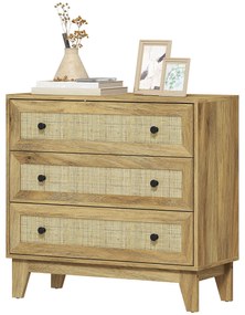 HOMCOM Comoda cu 3 Sertare Comoda de Lemn cu Frontale din Ratan Stil Cannage pentru Dormitor 80x35x76 cm Natural | Aosom Romania