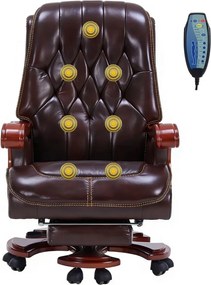 Regal Relax – Scaun directorial din Piele Naturală si Lemn Masiv, Masaj in 7 puncte, Funcție Încălzire, Înclinare 160°, Suport Picioare Extensibil, Sezut cu Arcuri, Telecomandă, Maro Inchis