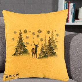Perna Decorativa Ren in Padure Inzapezita, 40x40 cm, Galben, Husa Detasabila, Perna Inclusa, BEKZ®