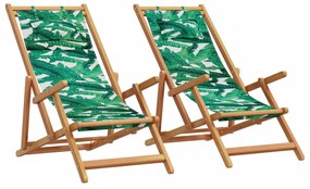 vidaXL Scaune de plajă pliabile 2 buc model frunze, textil/lemn masiv