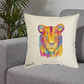 Perna Decorativa Leu Acuarela Curcubeu, 40x40 cm, Ecru, Husa Detasabila, Perna Inclusa, BEKZ®