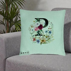 Cadou Personalizat - Perna Personalizata Monogram Litera P cu Flori Acuarela, 40x40 cm, Verde Menta, Husa Detasabila, Perna Inclusa, BEKZ®