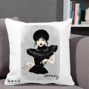 Perna Personalizata Wednesday Addams Portret Gotic, 40x40 cm, Alba Mata, Husa Detasabila, Perna Inclusa, BEKZ®
