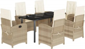 vidaXL Set de masă pentru grădină, 7 piese, cu perne, bej, poliratan