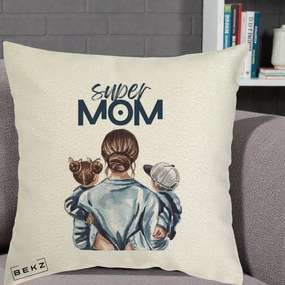 Cadou pentru Mama - Perna Personalizata Super Mom, 40x40 cm, Ecru, Husa Detasabila, Perna Inclusa, BEKZ®