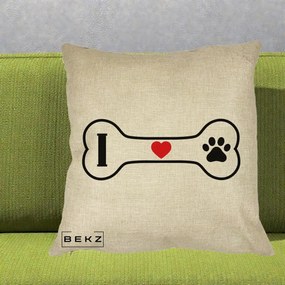 Perna Personalizata I Love Dog Os si Labuta, 40x40 cm, Crem, Husa Detasabila, Perna Inclusa, BEKZ®