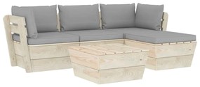 Set mobilier gradina din paleti cu perne, 5 piese, lemn molid Gri, 2x colt + mijloc + masa + suport pentru picioare, 1