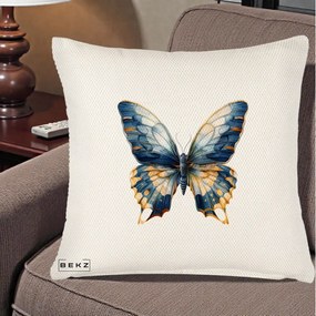 Perna Decorativa Fluture Albastru Auriu Elegant, 40x40 cm, Crem Reliefat, Husa Detasabila, Perna Inclusa, BEKZ®