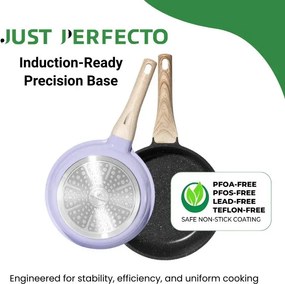 Set de oale si tigai Just Perfecto JL-34, 13 piese, Aluminiu, Acoperire din marmura, Capace din sticla cu orificiu pentru abur, Fara PTFE si PFOA, Inductie, Violet/bej