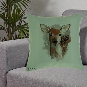 Perna Decorativa Caprioara Pui Acuarela, 40x40 cm, Verde, Husa Detasabila, Perna Inclusa, BEKZ®