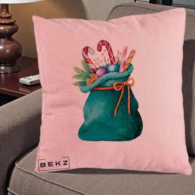 Perna Decorativa Saculet Cadouri Mos Craciun Acuarela Verde, 40x40 cm, Roz, Husa Detasabila, Perna Inclusa, BEKZ®