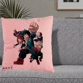 Perna Personalizata My Hero Academia Izuku Deku si Echipa, 40x40 cm, Roz, Husa Detasabila, Perna Inclusa, BEKZ®