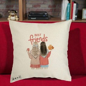 Cadou pentru Prieteni - Perna Personalizata Best Friends Toamna, 40x40 cm, Ecru, Husa Detasabila, Perna Inclusa, BEKZ®