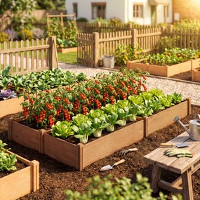 Outsunny Pat de grădină pătrat din lemn, 4 zone de cultură, fond deschis, montaj fără unelte, 234x109x25cm, maro deschis | Aosom Romania