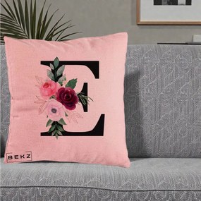 Cadou Personalizat - Perna Personalizata Monograma Florala Litera E, 40x40 cm, Roz, Husa Detasabila, Perna Inclusa, BEKZ®