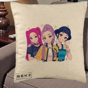 Perna Personalizata K-pop HUNTRX Trio Anime Stele, 40x40 cm, Bej, Husa Detasabila, Perna Inclusa, BEKZ®