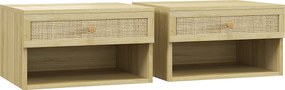 HOMCOM Set de 2 Noptiere Plutitoare, Noptiere cu Sertar din Ratan și Raft Deschis pentru Dormitor, 40x34x23 cm, Lemn Natural | Aosom Romania
