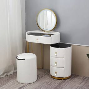 Set RACHEL, Masă de toaletă cu oglindă iluminată bandă LED, control touch, 4 sertare, taburet, Alb