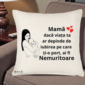 Cadou pentru Mama - Perna Personalizata Mama Nemuritoare Linie, 40x40 cm, Crem Reliefat, Husa Detasabila, Perna Inclusa, BEKZ®