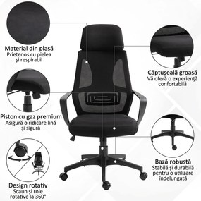 Vinsetto Scaun de Birou Ergonomic cu Brațe și Tetieră Reglabilă, Scaun Pivotant cu Suport Lombar, 64x55x116-126 cm, Negru | Aosom Romania