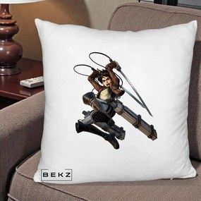 Perna Personalizata Attack on Titan Eren Yeager Lupta, 40x40 cm, Alb Pufos, Husa Detasabila, Perna Inclusa, BEKZ®
