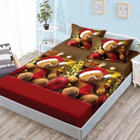 Husa de pat cu elastic + 2 fete de perna pentru pat dublu, tesatura tip finet, rosu / maro, HQ-30