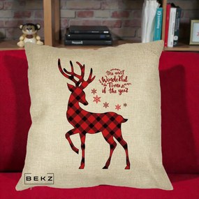 Perna Decorativa Ren Buffalo Plaid Craciun, 40x40 cm, Crem, Husa Detasabila, Perna Inclusa, BEKZ®