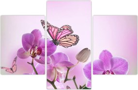 Tablou - Fluture pe flori de orhidee, liliac (90x60 cm)